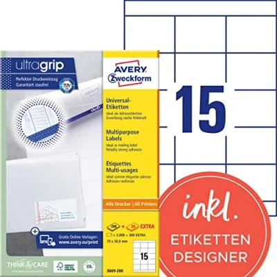 Abbildung von AVERY Zweckform 3669 200 Adressaufkleber (3.000 plus 300 Klebeetiketten extra, 70x50,8mm auf A4, bedruckbare Absenderetiketten, selbstklebende Adressetiketten mit ultragrip) 220 Blatt, weiß