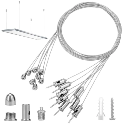 Abbildung von 8 Stück Seilaufhängung Einbauset 1,5mmx1,5m Decke Ohrstecker Drahtseil, Verstellbare Lampenaufhängung Drahtseil Spanner Drahtseilhalter Metall Deckenbefestiger Befestigungs für LED Panel Deckenleuchte