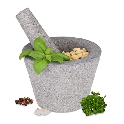 Abbildung von Relaxdays Mörser mit Stößel, Granit, HxD: 10x14 cm, robust, langlebig, unpolierter Steinmörser, Gewürze &amp; Kräuter, grau