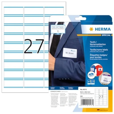 Abbildung von HERMA 4513 Namensetiketten ablösbar, 20 Blatt, 63,5 x 29,6 mm, 27 pro A4 Bogen, 540 Stück, selbstklebend, bedruckbar, rückstandsfrei abziehbare Acetatseide Namensaufkleber Etiketten, weiß blau