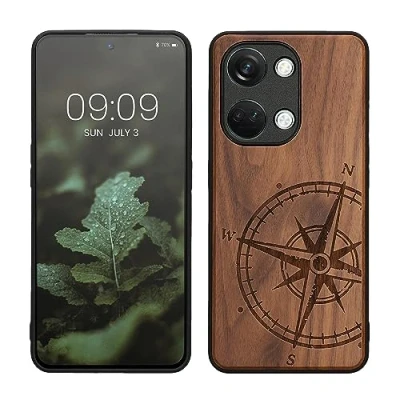 Abbildung von kwmobile Hülle kompatibel mit OnePlus Nord 3 5G Holz Case Handy Cover TPU Handyhülle in Dunkelbraun Kompass Vintage