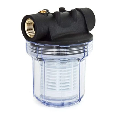 Abbildung von Grafner Vorfilter für Hauswasserwerke und Gartenpumpen, mit Filtereinsatz, platzsparende Ausführung, 1“ IG 2x AG Adapter, 5,5 bar, 3000 l/h, Filter Pumpe