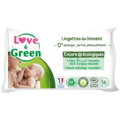 Abbildung von Love &amp; Green Liniment Reinigungstücher, gesund und umweltfreundlich, Packung mit 56 Tüchern, zertifiziert Cosmo Natural von ECOCERT FSC, recycelbare Verpackung