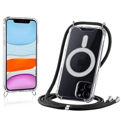 Abbildung von JProtect Magnetische Handykette für iPhone 11 Pro Magsafe Hülle/iPhone Hülle mit Band zum Umhängen Schwarz/Kette Handyhülle Magnet