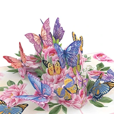 Abbildung von MOKIO® Pop Up Schmetterling Karte Blumen mit Schmetterlingen 3D Grußkarte zum Geburtstag, zur Genesung oder als Geburtstagskarte, Blumenkarte Umschlag
