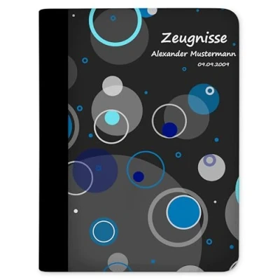 Abbildung von CreaDesign, Kinder Zeugnismappe personalisiert mit Namen, Zeugnis Mappe Kreise Blau, DIN A4, 26,7 x 32,7 1 cm, Rücken schwarz