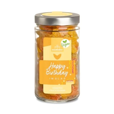 Abbildung von Vegan Happy Birthday im Glas 530g Fruchtgummi Geburtstagsgeschenk Fruchtige Gummibärchen XL Vorratsglas Das perfekte Geschenk zum Geburtstag für Groß und Klein