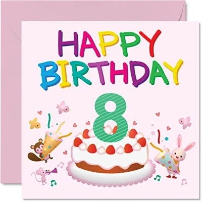 Abbildung von 8. Geburtstagskarte für Mädchen Critter Party Happy Karte 8 Jahre altes Geburtstagskarten sie 145 mm x Grußkarte Tochter Nichte Enkelin Kinder