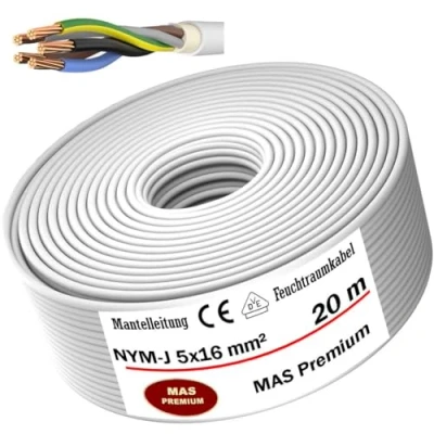Abbildung von MAS Premium Feuchtraumkabel Stromkabel 5 170m Mantelleitung NYM J 5x1,5, 2,5, 4, 6, 10 oder 16 Elektrokabel Ring für feste Verlegung (NYM 5x16 mm², 20m)