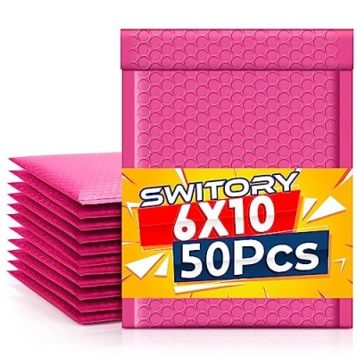 Abbildung von Switory 50 Stück Polsterumschläge A5 Versandtaschen15,3 cm x 26,9 Poly Bubble Mailer Gepolsterte Umschläge Lined Selbstversiegelnde für Verpackung Rosa