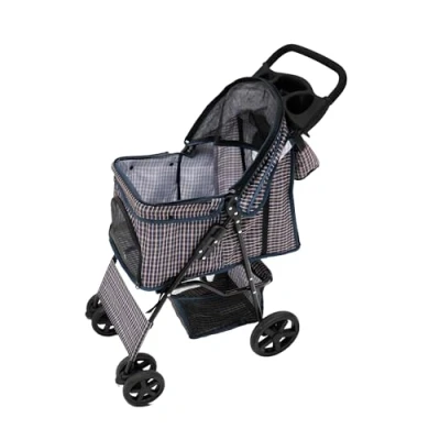 Abbildung von Haustierwagen mit der Fronttasche, abnehmbar, blaues Tartanmuster, faltbarer Träger, 15 kg Kapazität, Räder, Bremsen, Netzfenster, Korb, Getränkehalter, Taschen und wasserdichter Regenschutz