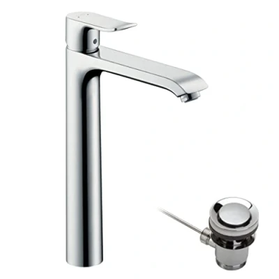 Abbildung von hansgrohe Waschtischarmatur &quot;Metris&quot;, 26cm, für Aufsatzwaschtische mit Zugstangen Ablaufgarnitur, chrom