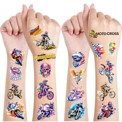 Abbildung von Motocross Glitzer Tattoos für Kinder, 12 Blätter Motorrad Temporäre Tattoo Geschenke Junge Mädchen, Mitgebsel Kindergeburtstag Party Deko Cars Spielzeug Jungen