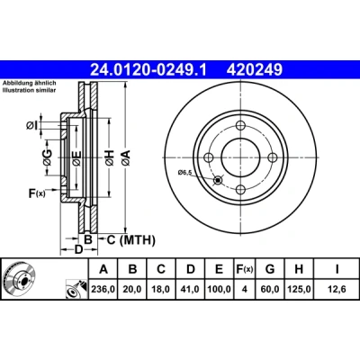 Abbildung von ATE 24.0120 0249.1 Bremsscheibe 236,0 20,0 4 100,0 Belüftet beschichtet OPEL: Karl