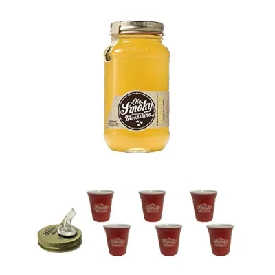 Abbildung von Ole Smoky Moonshine Pineapple 20% im 0,5 Liter Glas + Ausgiesser Shot Becher rot 2 Stück