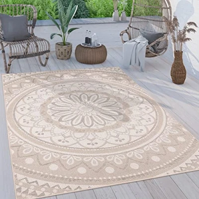 Abbildung von Paco Home Outdoor Teppich wetterfest &amp; robust modernes Mandala Boho Design pflegeleicht flachgewebt für Balkon, Terrasse, Garten, Wohnzimmer Küche Ethno Mandala, Grösse:60x100 cm, Farbe:Sand