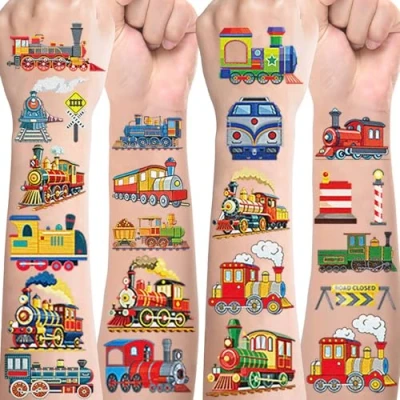 Abbildung von Zug Tattoos für Kinder,10 Blätter Train Kindertattoos Hautfreundlich Set Temporäre zum Aufkleben,Mitgebsel Kindergeburtstag Geschenke Party Deko Lokomotive Spielzeug Auto Tattoo Kinder Jungen