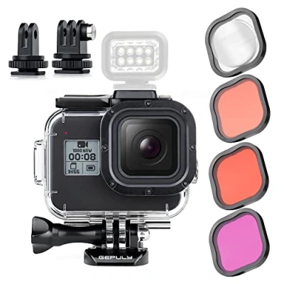 Abbildung von GEPULY Wasserdichtes Gehäuse für GoPro Hero 8 Schwarz mit 4er Pack Tauchfilter, 60 m Unterwasser Tauchgehäuse Rot, Hellrot, Magenta, Nahaufnahmefilter Black Kamera
