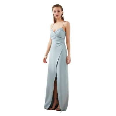 Abbildung von TRENDYOL Damen Women Fitted Woven Evening Dress Maxi Wrapover Tailliertes, gewebtes Abendkleid, Grau Minze, 34