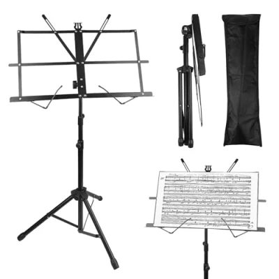 Abbildung von Elsrantor Notenständer &amp; Tischständer 2 in 1, Music Stand Klappbar Stabil, Notenpult, Notenhalter aus Metall, Faltbares Metall Stativ mit Tragetasche, für Kinder und Erwachsene, Schwarz