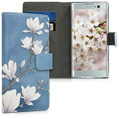 Abbildung von kwmobile Wallet Case kompatibel mit Sony Xperia XA2 Hülle Cover Ständer und Kartenfächern Magnolien Taupe Weiß Blaugrau