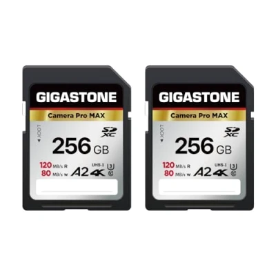 Abbildung von Gigastone A2 V60 SDXC Speicherkarte, 256GB, 2 Stück, 4 K Pro, Geschwindigkeit 120 MB/s, kompatibel mit Canon Nikon Sony Panasonic U3 UHS I Klasse 10 für 4K UHD Video, Mini Hüllen