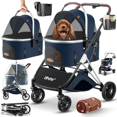 Abbildung von LOVPET® Hundewagen 3in1 Hundebuggy Hundebox Transporttasche 360 Große Räder Faltbar klappbar Haustiere Buggy Netzfenstern &amp; Regenschutzabdeckung Jogger Katzenbuggy für kleine Hunde Katzen