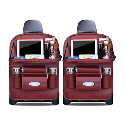 Abbildung von Ergocar Auto Organizer Rückenlehnenschutz Luxus Autositzschutz aus PU Leder mit faltbarem Tablethalter wasserdicht Rückenlehnen Tasche für Kinder (Dunkelrot 2 Pack)