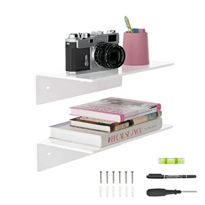 Abbildung von Sezanrpt 30cm Weiß Acryl Wandregale 2er Set, schwimmend Regal, Wand montierte Regale für Funko Pop Regale, Smart Lautsprecher, Pflanzen, Bilderrahmen, Digitaluhr