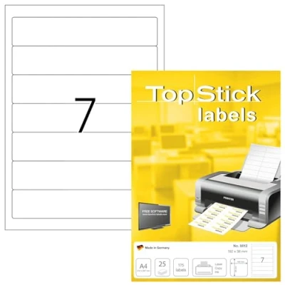 Abbildung von TopStick 8812 Ordnerrücken Etiketten kurz schmal, 800 Blatt, 192 x 38 mm, 7 pro A4 Bogen, 5600 Stück, selbstklebend, bedruckbar, blickdicht, blanko Papier Ordneretiketten Rückenschilder Aufkleber weiß