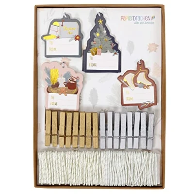 Abbildung von Papierdrachen Weihnachtliches Verpackungs Set mit 16 Geschenk Anhängern, weißes Baumwollband 2X 5m Silber und Gold, Holzklammern Namensetikett zum Dekorieren von Geschenken