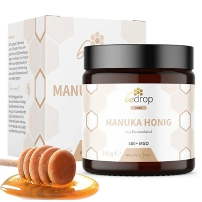 Abbildung von bedrop Manuka Honig mit MGO 400+ 140g XXL Glas 100% Echter Premium Manukahonig aus Neuseeland zertifiziertem Methylglyoxal Gehalt (Analyse Zertifikat)