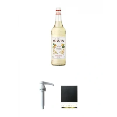 Abbildung von Monin weiße Schokolade 1,0 Liter + Dosier Pumpe für Literflasche Schiefer Glasuntersetzer eckig ca. 9,5 cm Durchmesser