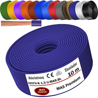 Abbildung von MAS Premium Von 5 bis 100m Aderleitung H07 V K 1x1,5 mm² SW, HBL, GNGE, GN, RT, DBL, BR, OR, GR, WS, VIO, U MAR.BL oder GE Einzelader flexibel (Ultramarinblau, 10m)