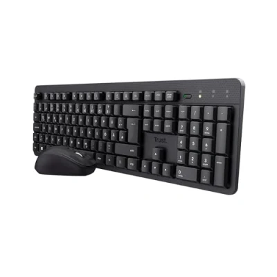 Abbildung von Trust Ymo II Leise Tastatur Maus Set Kabellos Deutsches QWERTZ Layout, Flachen Tasten, Spritzwassergeschützt, Beidhändig Funkmaus 800 1600 DPI, Ein USB Empfänger, für PC, Computer, Laptop, Mac