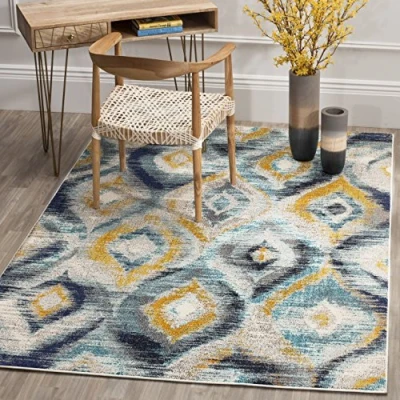 Abbildung von SAFAVIEH Boho Teppich für Wohnzimmer, Esszimmer, Schlafzimmer Monaco Collection, Kurzer Flor, Blau und Multi, 155 X 231 cm