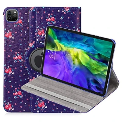 Abbildung von 32nd Blumen Series PU Leder Folio Hülle Case Flip Cover für Apple iPad Pro 11&quot; (2020/2021) / Air 4 (2020), Blumendesign hüllen Entwurf gemacht Mit Ständer Weinlese Rosen Indigo