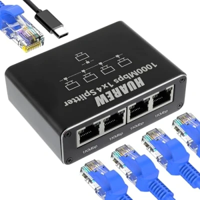 Abbildung von HUAREW LAN Splitter 1 to 4, Network Switch 1000Mbps Aluminium Ethernet Splitter, 4 Ports Gigabit with USB C Power Cable for Computer, Laptop, Switch, Router, Set Top Box