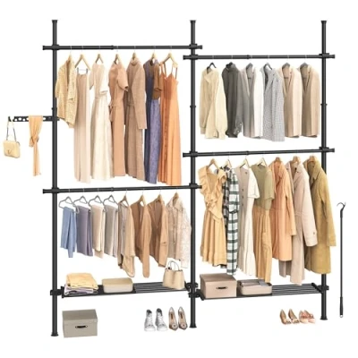 Abbildung von SONGMICS Teleskopstange Kleiderständer, 3 stufige Garderobe, höhen und breitenverstellbar, offener Kleiderschrank mit 4 Kleiderstangen 2 abnehmbaren Ablagen, Greifarm, mattschwarz HSR154B01