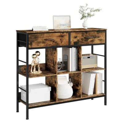 Abbildung von WOLTU Regal, Bücherregal mit 2 Schubladen, 6 offenen Fächern, Standregal Metallrahmen, Aufbewahrungsregal freistehend, für Wohnzimmer Arbeitszimmer Schlafzimmer, Rustikales Braun, Schwarz