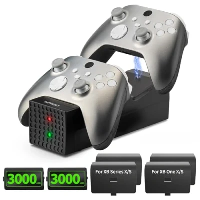 Abbildung von NiTHO Xbox Controller Doppel Ladestation mit 2 x Wiederaufladbaren Akkupacks für One/Xbox Series X/S/Xbox One X/S Elite Controller, LED Ladezustandanzeige Schwarz