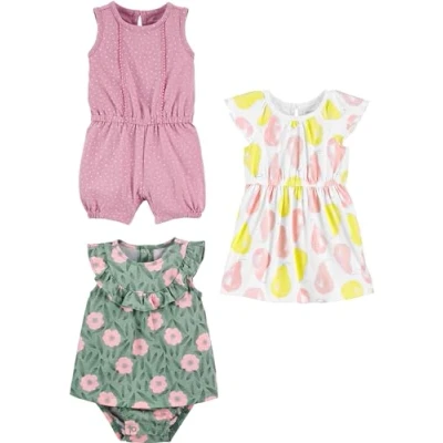 Abbildung von Simple Joys by Carter&#039;s Baby Mädchen 3 Pack Romper, Sunsuit and Dress Strampelhose, Birnen/Blumen/Punkte, 0 Monate (3er Pack)