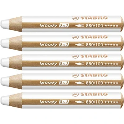 Abbildung von Buntstift, Wasserfarbe &amp; Wachsmalkreide STABILO woody 3 in 1 5er Pack weiß