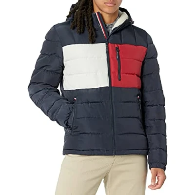 Abbildung von Tommy Hilfiger Herren Midweight Sherpa Lined Hooded Water Resistant Puffer Jacket Mantel, Flag Combo Tech, L