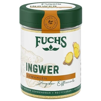 Abbildung von Fuchs Gewürze Ingwer gemahlen süßlich scharfer Geschmack für Fisch, Fleisch, Gemüse und Marmeladen natürliche Zutaten 50 g in wiederverwendbarer, recyclebarer Dose