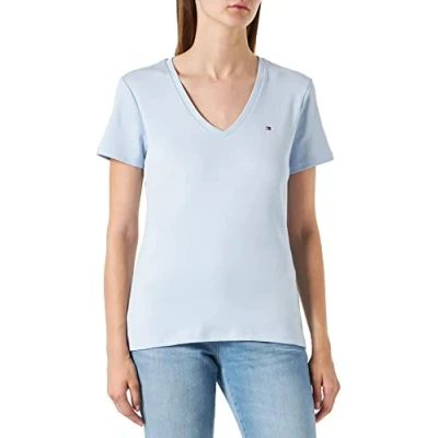 Abbildung von Tommy Hilfiger Damen T Shirt Slim Solid V Nk Top SS mit Ausschnitt, Blau (Breezy Blue), XXS