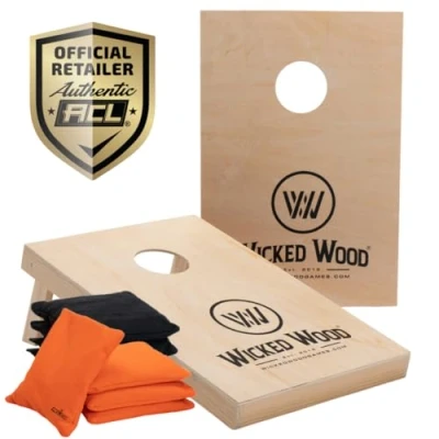 Abbildung von Offizielles Cornhole Set 90x60 Red Zone 2 Bretter 2x4 Taschen Schutzhülle (90x60 Wood Wicked Logo)