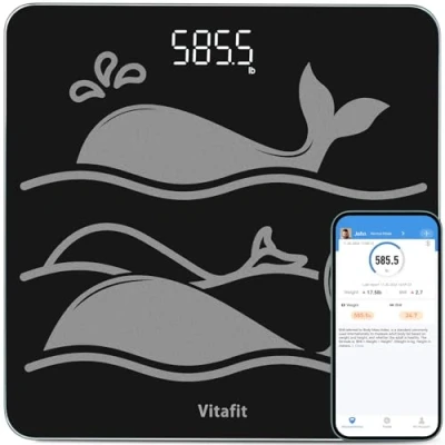 Abbildung von Vitafit 300kg Personenwaage in 0,05kg, Hohe Genauigkeit Zugesichert Waage Personen Professionell Fabrik SEIT 2001, Körperwaage aus Extra 8mm Dickem Rutschfestem Hartglas, LED, 3*AAA, Schwarz