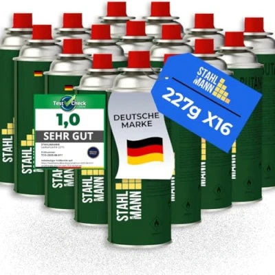 Abbildung von STAHLMANN® Gaskartuschen 227g [Made in EU] Butangas Kartusche mit MSF 1a Ventil für Campingkocher, Grill, Gaskocher, Gasheizung,Unkrautbren (16x 227g)