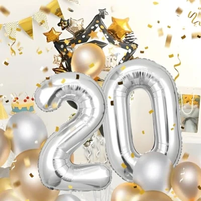 Abbildung von 20 Geburtstag Deko zahlen luftballon jahre Folienballon Sliber für 20. Geburtstagsdeko Männer Frauen Ballon Zahl zum fliegt mit Helium 20.Geburtstagsparty 40&quot; 101cm